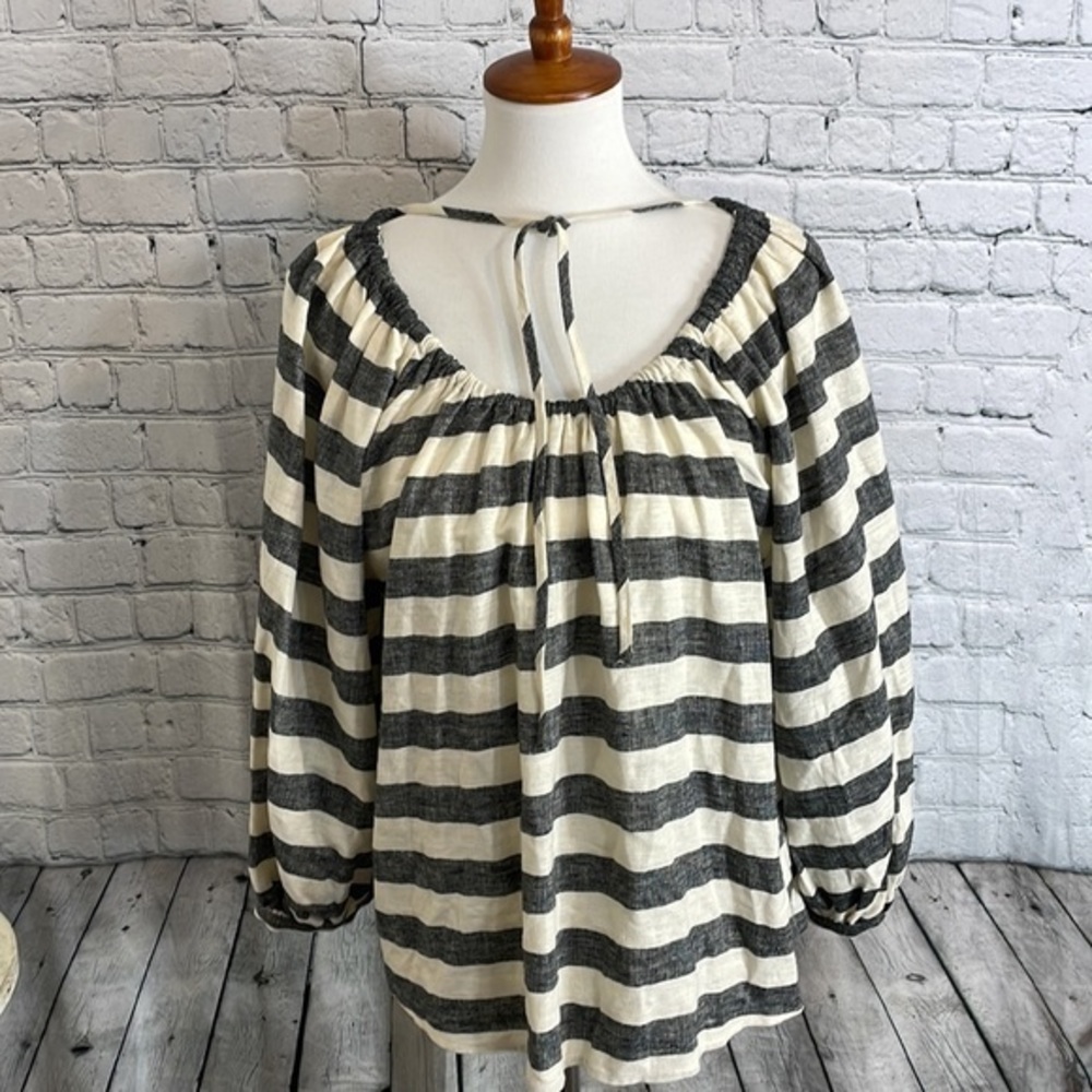 WHO WHAT WEAR LINEN BUBBLE/ BALLOON SLEEVE STRIPED BLOUSE